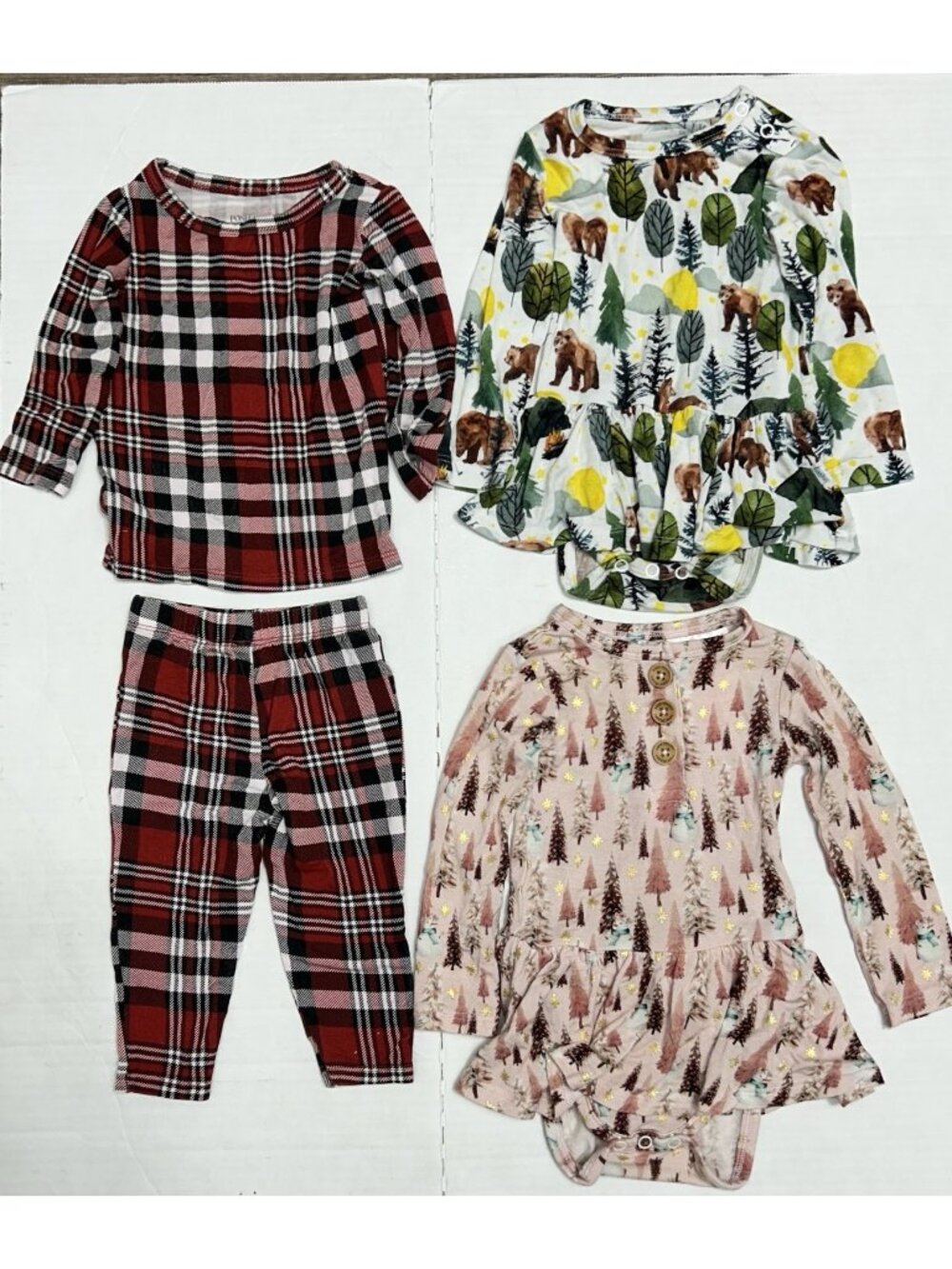 Posh Peanut 3-6 Months Lot Of Two One Piece LS + 2 Pc Set Bamboo Wildlife Plaid